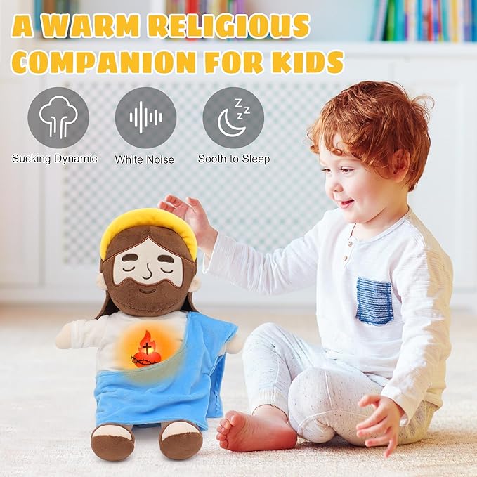 Soothing Jesus Plush Toys with Light & Sound, Jesus Stuffed Breathing Plushy Doll, Christian Catholic Religious Plushie Christmas Easter Gifts for Kids Baby (Blue)