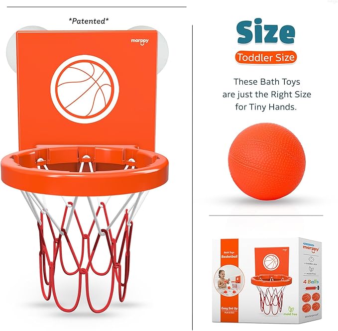 Bath Toys - Bathtub Basketball Hoop for Toddlers Kids | Suction Cups Baby Mini Basketball Hoop with 4 Soft Balls | Fun Bath Toy for Boys and Girls