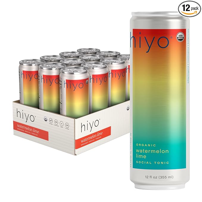 Hiyo Organic Social Tonic – Watermelon Lime, 12 Pack - Non-Alcoholic Functional Seltzer, Flavored Sparkling Water Crafted with Organic Adaptogens, Nootropics & Botanicals