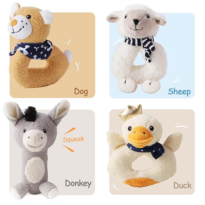 iPlay, iLearn Baby Toys 3 6 12 Month Newborn Gifts, Infant Soft Farm Stuffed Animal Rattles Plush Barn, Boy Girl Stuff, Valentine's Basket Stuffer, Sensory Hand Development Toy 0 2 4 7 9M 1 Yr - Farm