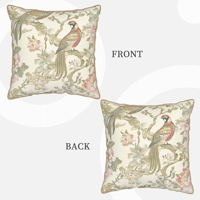 Vintage Bird Floral Velvet Pillow Covers 20x20 Inch Chinoiserie Flowers Leaves Throw Pillows for Couch Farmhouse Cushion Covers Pillowcase Light Green Leaf Pillow Cases for Sofa Bed Outdoor Decor