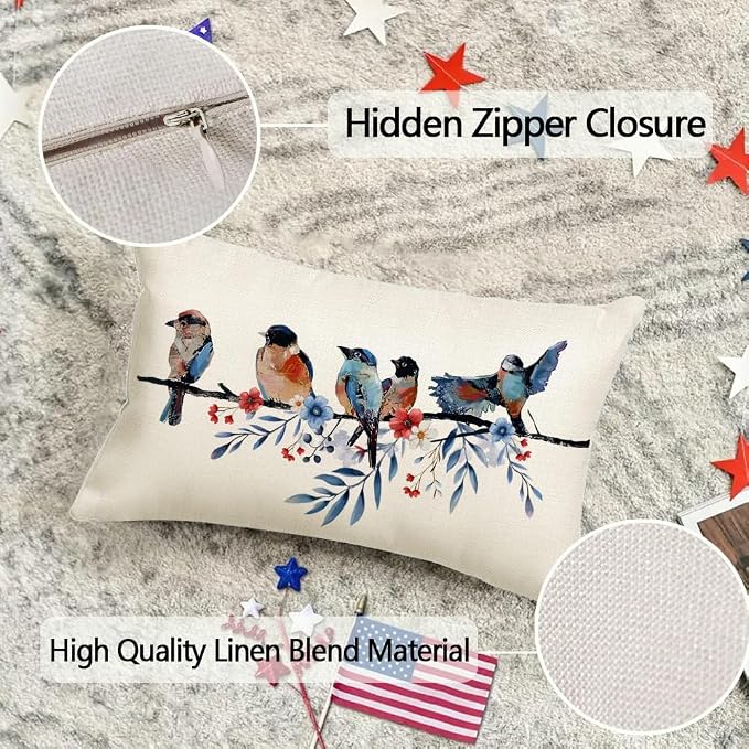 RABUSOFA 4th of July Memorial Day Patriotic Lumbar Throw Pillow Cover,12x20 Inch Red White and Blue Birds Flowers Independence Day American Fourth of July Decoration for Sofa Couch