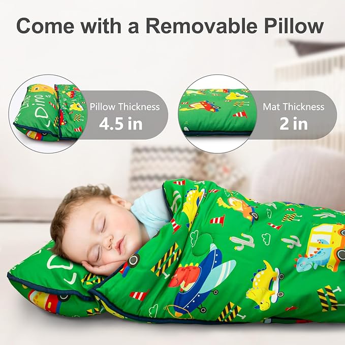 Primlect Thickened Toddler Nap Mat with Removable Pillow and Minky Blanket, Extra Large 55''x35'' Sleeping Bag, Washable, Roll up, Perfect for Daycare, Preschool, Kindergarten, Boys and Girls Dinoaur