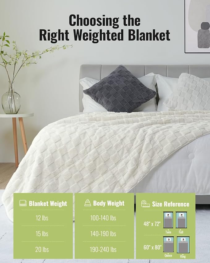Uttermara Weighted Blankets for Adults Full Size(15lbs, 48" x 72", Cream White), 3D Jacquard Checkered Warm Sherpa Heavy Blanket, Soft Fuzzy Weighted Blankets for Couch Bed Sofa