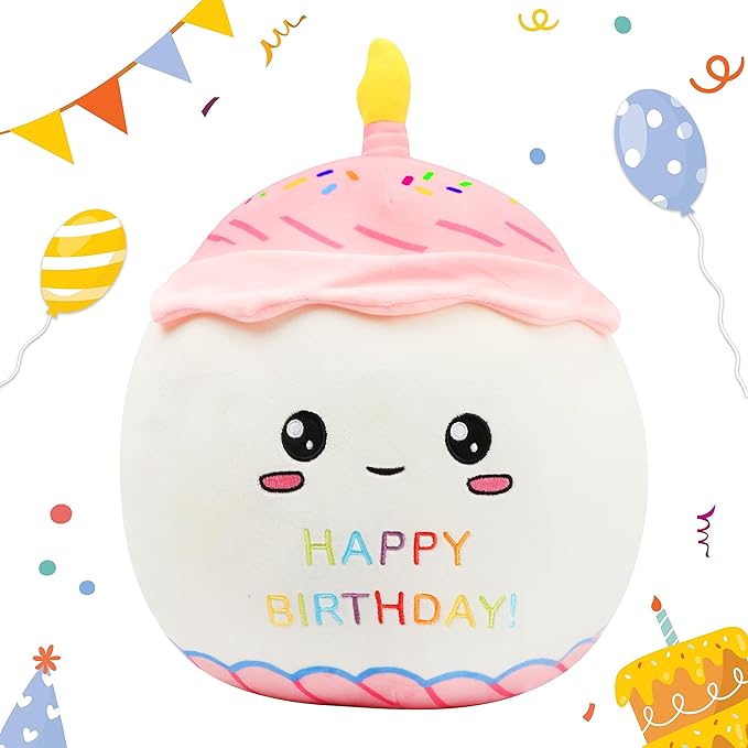 Easfan 12'' Birthday Cake Plush Pillow Soft Cake Plush Toy Cute Stuffed Animal Home Room Decoration Birthday Gifts for Kids Toddlers, Pink