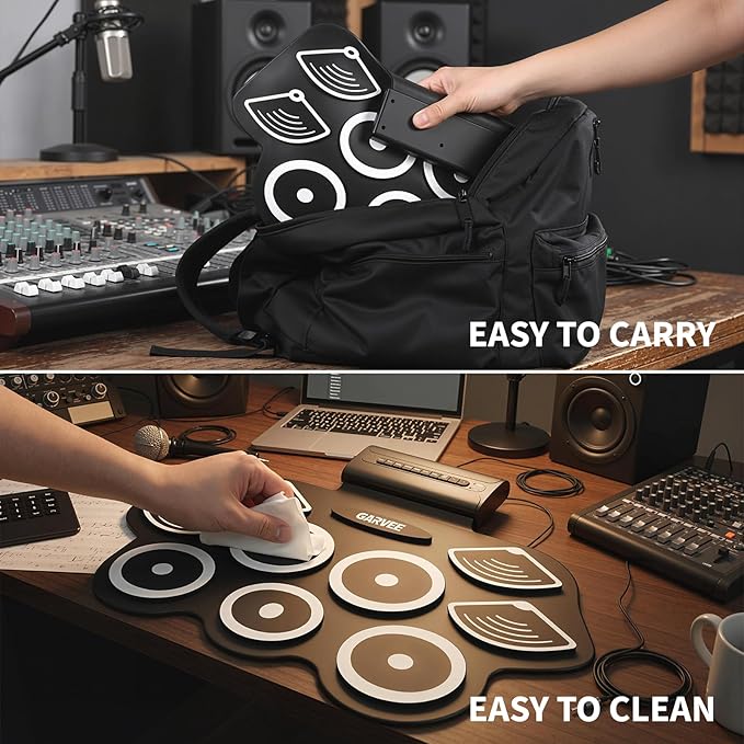 9 Pads Bluetooth Electric Drum Set, Portable Roll Up Electronic Drum Pad with Headphone Jack, Pedals & Sticks, Recording Function, Great Holiday Xmas Birthday Gift for Kids