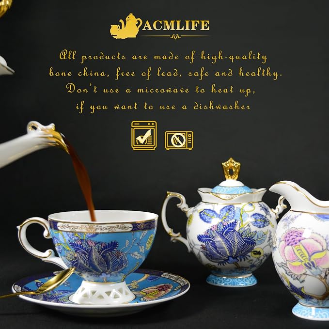 ACMLIFE Porcelain Tea Sets with 24K Gold, Vintage British English Afternoon Tea Sets for 6, Luxury Tea Sets for Women Party for Gifts Tea Sets for Adults Bone China