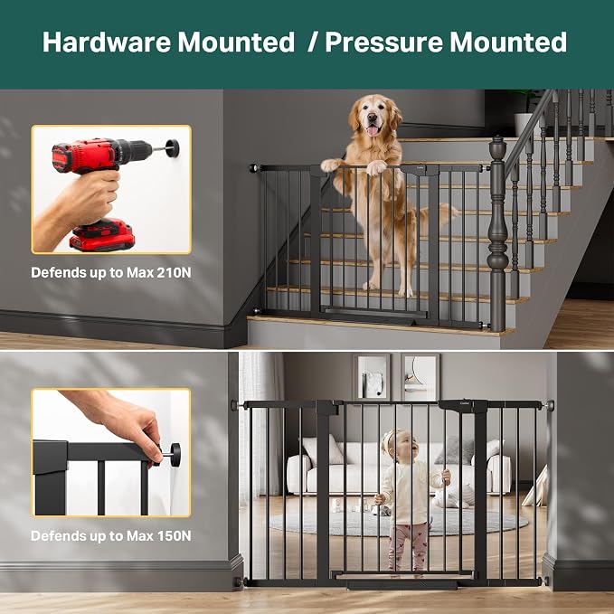 Cumbor Pack of 2 Extra Wide Baby Gate for Stairs, 29.7–51.5" Pressure Mounted Dog Gate for Doorways, Auto Close Safety Pet Gate, Easy Walk Thru Wide Child Gate, Black, Mom's Choice Award Winner