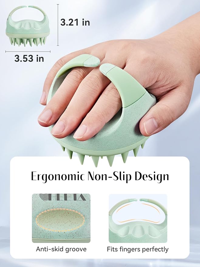 HEETA Scalp Massager with Soft Silicone Bristles for Hair Growth, Dandruff Removal, and Scalp Relaxation - Shampoo Brush for Wet or Dry Hair (Green & Purple)