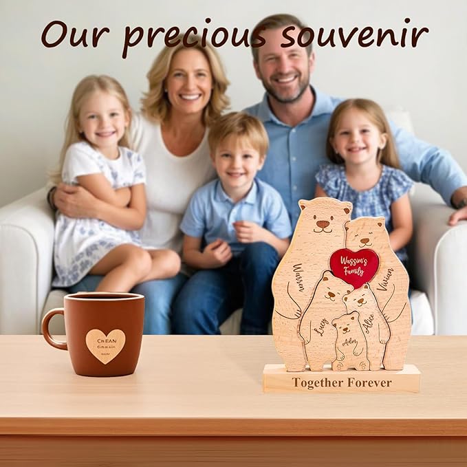 Personalized Wooden Cute Bear Puzzle - Customizable with 2-6 Names Bear Family Puzzle, Home Decor Housewarming Gift Unique Christmas, Halloween Wooden Animal Decoration (Cute Bear)
