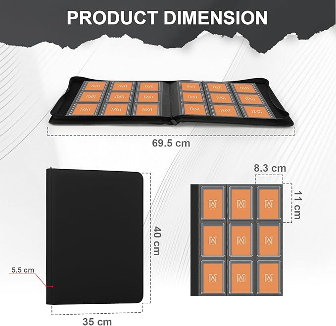 Toploader Binder,Trading Card Binder Storage Hold up 288 Cards 9-Pocket Top Loader Binder with Sleeves for 3"x4" Rigid Toploaders Hard Cases (9Black)