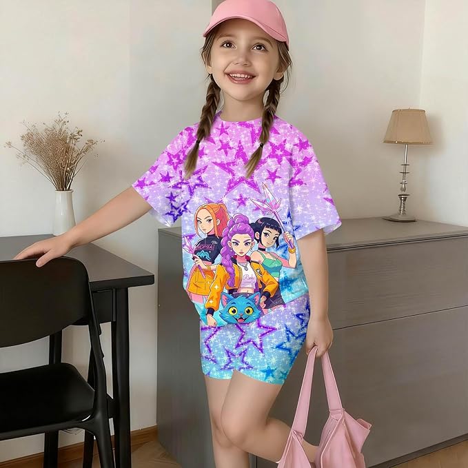 K-POP DEM0N Hunters Outfits for Girls, 2 Piece T-Shirts and Apparel Sets Birthday Gift
