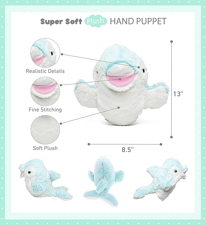 DolliBu Dolphin Plush Hand Puppet for Kids - Soft Plush Stuffed Animal Hand Puppet Toy for Puppet Show Games Puppet Theaters for Kids, Adult Cute Puppets Educational Toy to Teach Children & Toddlers