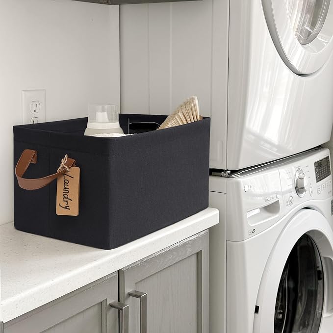 CHICVITA 30L Large Fabric Storage Baskets for Shelves, 2-Pack, Black | 16 ¾" L x 11" W x 9 ¾" H, Metal Frame, Leather Handles, Clothes, Toys & Towels Storage, Closet & Living Room Organization