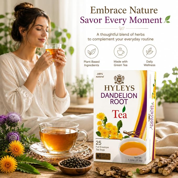 Hyleys Dandelion Root & Green Tea with Milk Thistle and Licorice Root - Herbal Detox Blend - 25 Tea Bags