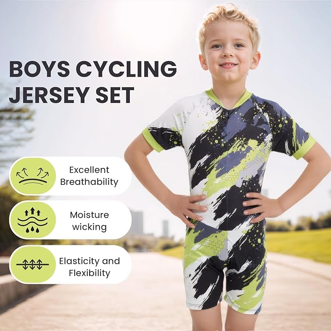 Gogokids Boys Cycling Jersey Youth Bike Suit with 3D Cushion, Kids Teen Short Sleeve Bicycle Clothes