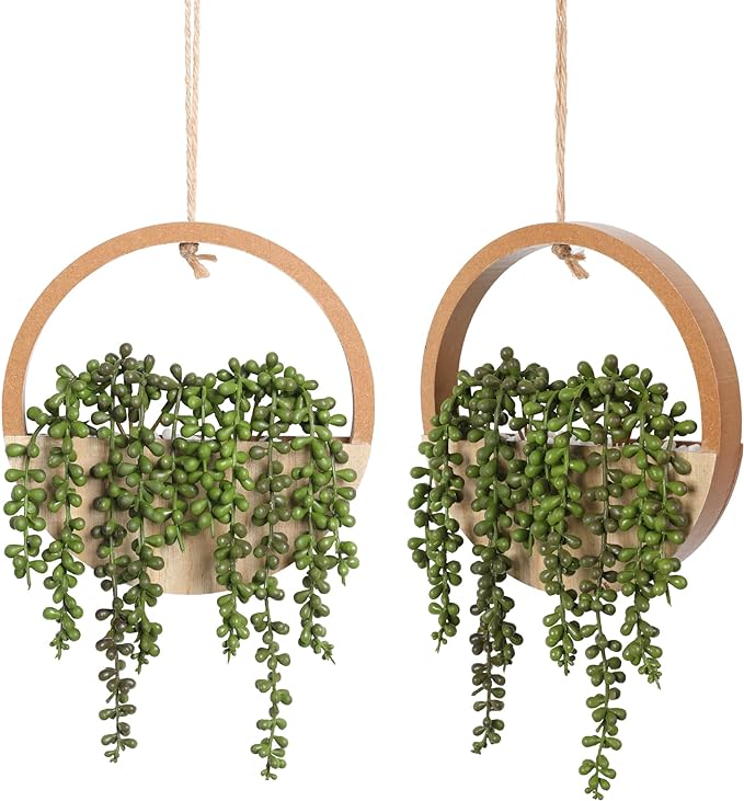 2pcs Artificial Succulents Hanging Plants 12.2'' Fake String of Pearls in Pot with 8.3'' Lanyard for Indoor Outdoor Wall Decor（Wood Color）.