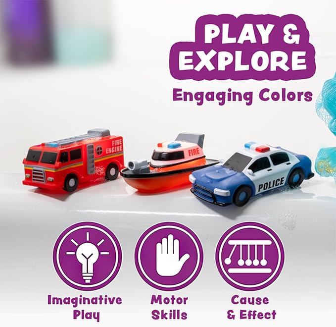 Tub Works® Emergency™ Cars Light Up Bath Toys, 6 Pack | Water-Activated Light Up Toys Flash & Change Color | Soft, Squeezable Baby & Toddler Bath Toys | Sensory Toys with Bath Lights for Kids Bath