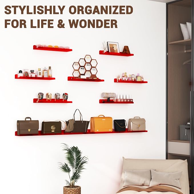 Qukaka Floating Shelves for Wall Decor, 15" Wall Shelves for Bedroom, Living Room, Kitchen, Bathroom Decor, Nail Polish/Book/Decoration/Makeup/Perfume Organizer Floating Shelf-3Pack Clear Red