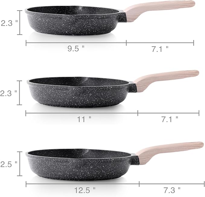 Kordisen Nonstick Frying Pan Set, 3 Piece Skillet Set, Healthy Induction Cookware Cooking Pan, Stay-Cool Handle, Compatible with All Stovetops, PFOA Free (9.5, 11, 12.5 Inch)