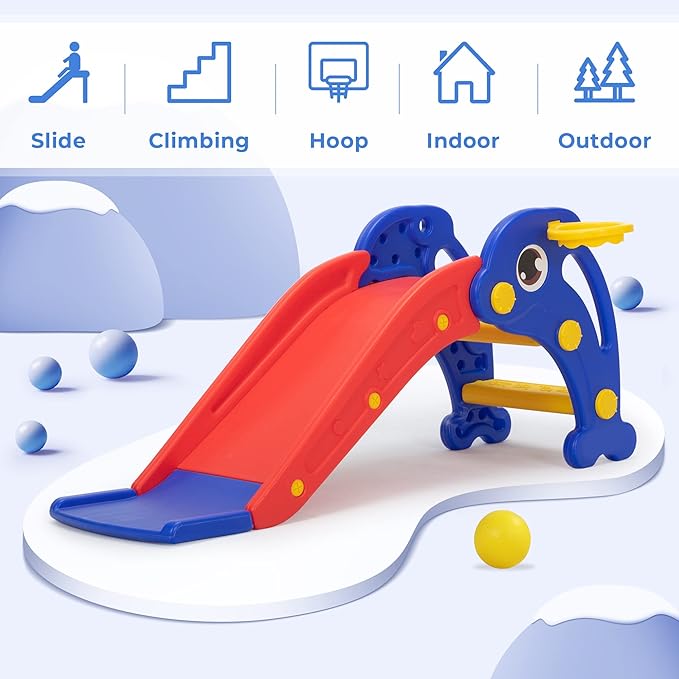 NYEEKOY 3 in 1 Toddler Slide, Baby Slide Plastic Climber Playset with Basketball Hoop and Ball, Indoor and Outdoor Playground for Kids Red