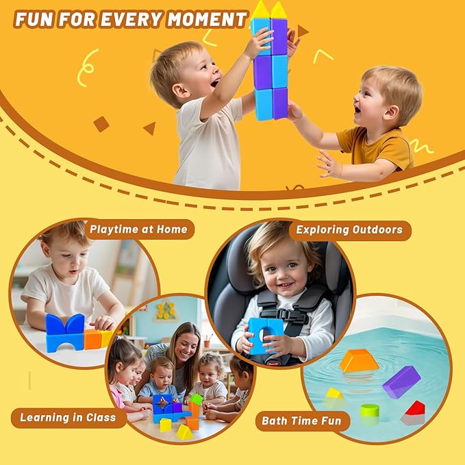 Magnetic Building Blocks, Large Magnetic Stacking Blocks for Toddlers, 1.65 Inch 3D Magnet Cubes & Multiple Shapes, Montessori & Sensory Toys for Kids Ages 1-3 (15PCS)
