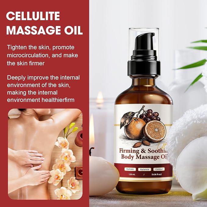 Anti Cellulite Massage Oil with Grapeseed & Sweet Almond Oil – Firming Body Oil for Cellulite, Tightening & Hydrating Body Moisturizer for Full Body, 4 fl oz (120mL)