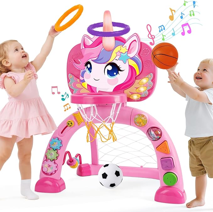 Toddler Basketball Hoop & Soccer Goal: Activity Center with Ring Toss – Unicorn Sports Play Set | Toys for Baby Toddlers 12-18 Months & Boys Girls Ages 1-3 | Indoor Outdoor Birthday