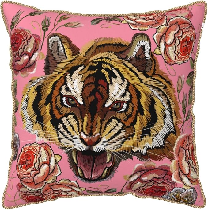 Tiger Floral Pink Velvet Pillow Covers 16x16 Inch Flower Animal Print Throw Pillows for Couch Farmhouse Cushion Covers Pillowcase Modern Pillow Cases for Sofa Bed Living Room Outdoor Decor