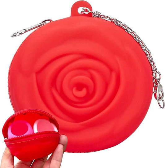 Adorable Pink Peri - Menstrual Period Cup Case Storage Bag | Rose Design + Silicon Material | Easy to carry, clean, and use | Metal Chain attached | Multi-use for any small items - Red