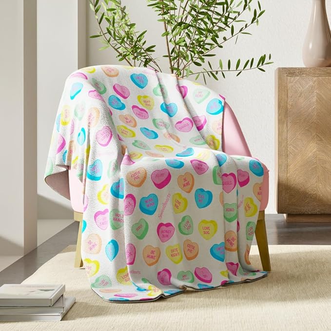 Sweethearts Candy Hearts Bedding Super Soft Plush Cozy Throw Blanket, 50 in x 70 in, (Officially Licensed Product) by Franco Collectibles
