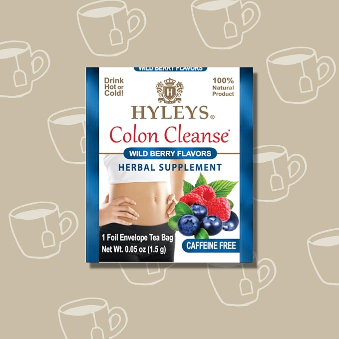 HYLEYS Colon Cleanse Tea, Wild Berry Flavor - 300 Individually Wrapped Herbal Tea Bags (12 Pack of 25) - Caffeine Free, Gluten Free & Vegan
