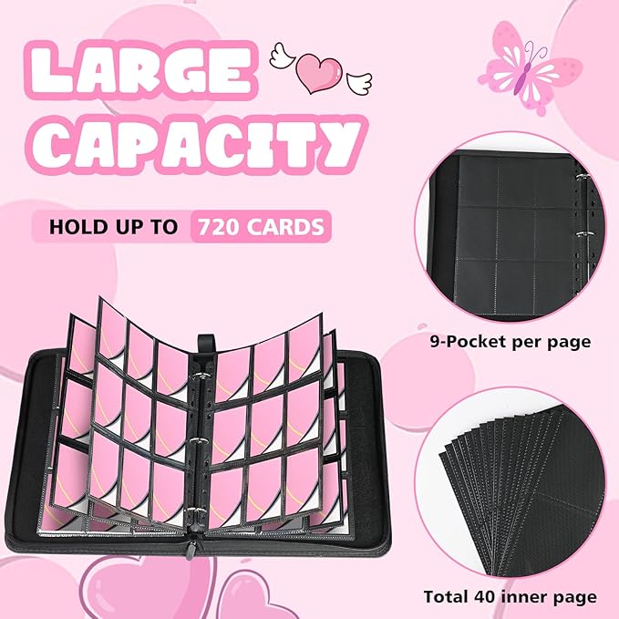 9 Pocket Card Binder for Pokemon Card, 720 Pockets Card Binder Holder with 40 Removable Sleeves, 3-Ring Zip Design Trading Card Albums for MTG/TCG/Sport Collectible Gifts for Boys and Girls (Pink)