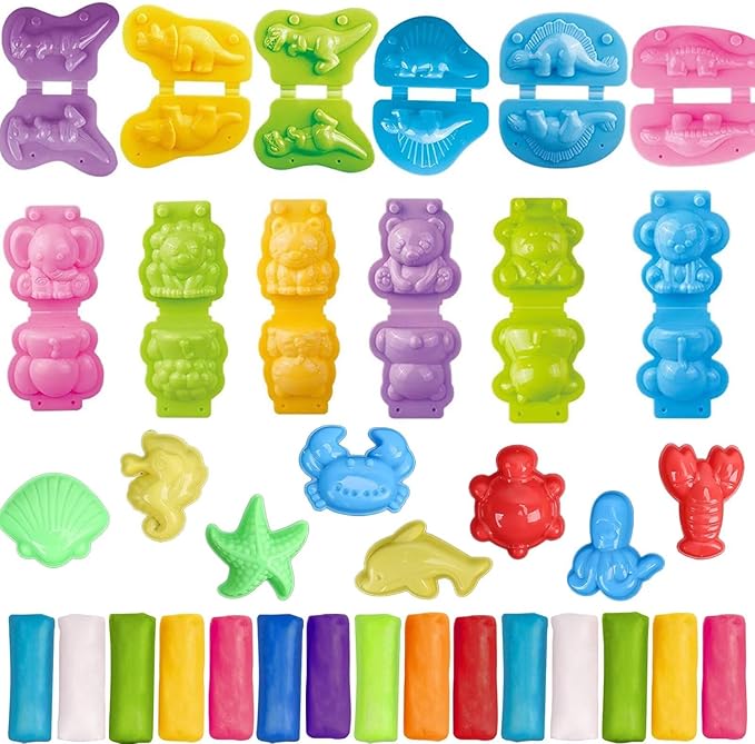 Unleash Creativity with 20 Unique Dino and 0cean Molds Dough Toys Dough Accessories Set Whit 15 Dough.Ideal as a Gift for Kids Aged 3-4-8 Years