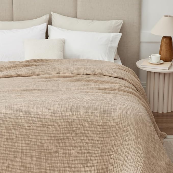 6 Layers Cotton Muslin Blankets Large, Lightweight Cotton Throw, Cooling Soft Throw Blanket for Year-Round Comfort, Breathable Quilt Bedspread, Gauze Weave Bedding for Adults, Oatmeal, Beige Linen