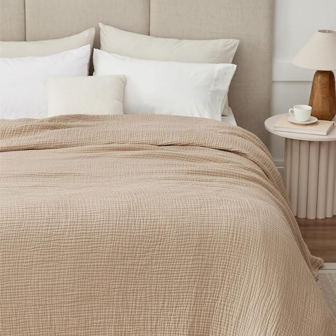 100% Cotton Muslin Blanket Queen 90" x 90", 6 Layers Breathable and Lightweight Cotton Throw Blanket for Bed, Soft Quilt Bedspread Coverlet, Gauze Blanket for Adults All Season, Beige Linen, Oatmeal