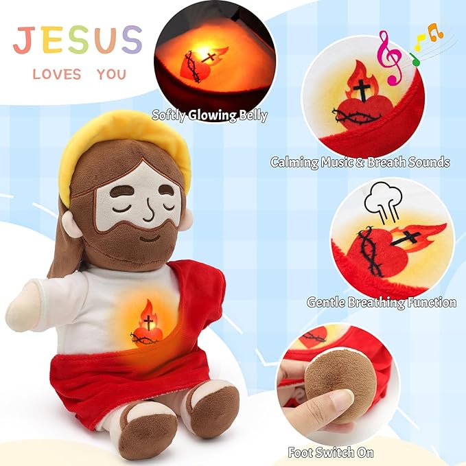 Soothing Jesus Plush Toys with Light & Sound, Jesus Stuffed Breathing Plushy Doll, Christian Catholic Religious Plushie Christmas Easter Gifts for Kids Baby (Red)