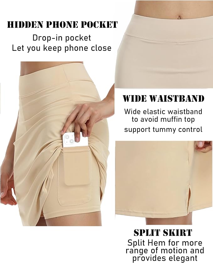COOrun Women's 20" Knee Length Skirts High Waisted Golf Skorts with Pockets | Soft, Quick Dry, Split Hem, Built-in Shorts, A-line, Modest Skirts, for Golf Athletic Tennis Work Casual