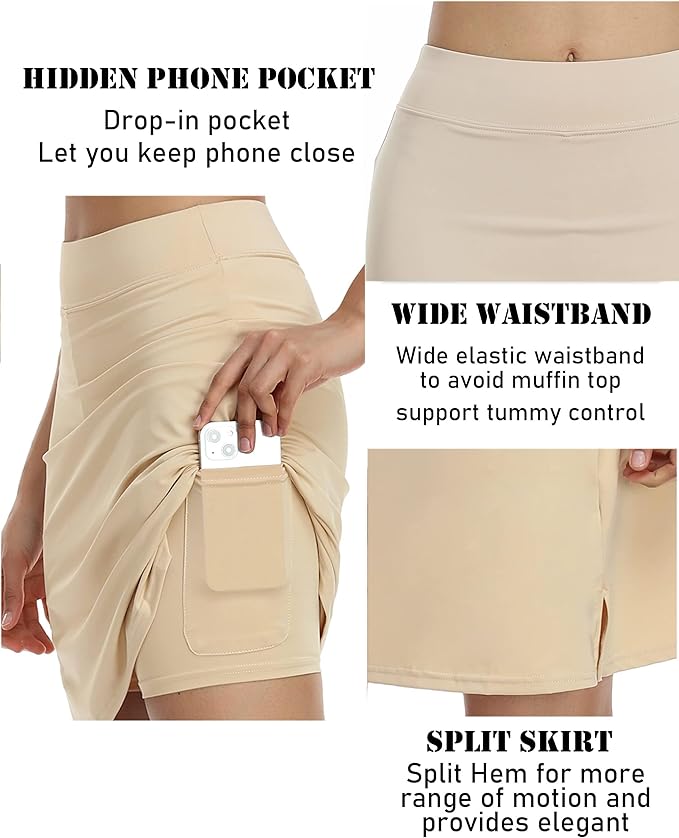 COOrun Women's 20" Knee Length Skirts High Waisted Golf Skorts with Pockets | Soft, Quick Dry, Split Hem, Built-in Shorts, A-line, Modest Skirts, for Golf Athletic Tennis Work Casual