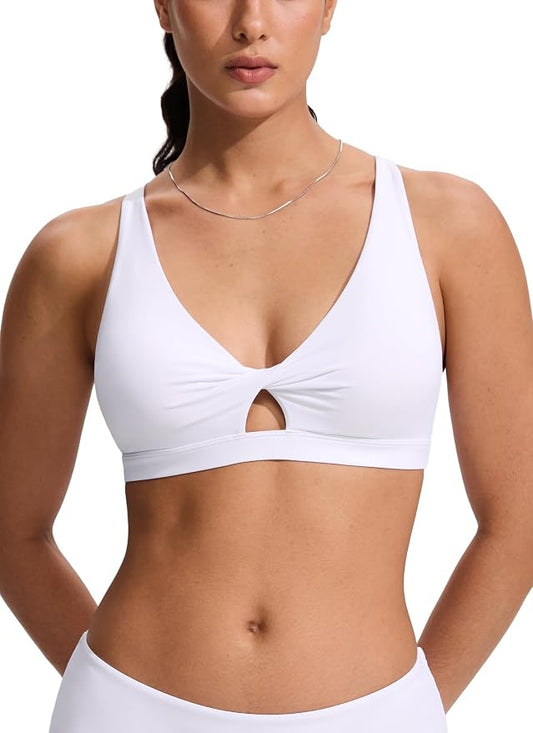 CRZ YOGA Twist Front Cut Out Bikini Tops for Women - Padded V Neck Spaghetti Strap Criss Cross Swim Bathing Suit Bra