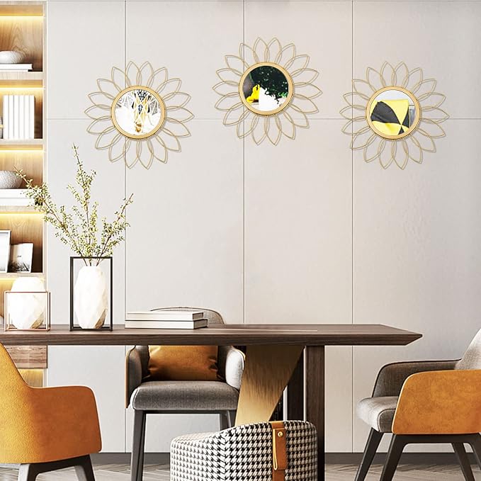 3 Pack Metal Mirrors for Wall Sunburst Wall Mirrors Home Décor Decorative Hanging Wall Art for Living Room Bedroom Entryway (Gold, Flowers)