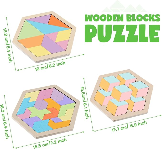 Yunsailing 3 Pack Hexagon Tangram Puzzle Wooden Brain Puzzles with Storage Bag Challenge Wood Russian Blocks Brain Teasers Geometric Jigsaw Block Logic Iq Stem for Family Party Gift