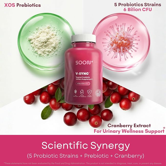 SOON+ Vaginal Probiotics for Women, V-Sync Vaginal Probiotic with Lactobacillus, Cranberry & Prebiotics, Support pH Balance for Women, Urinary Health Digestive Support, 6 Billion CFU, 60 Capsules