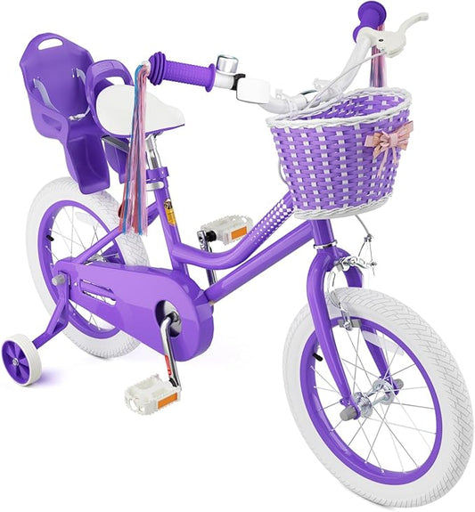 KORIMEFA Girls Bike for Ages 2-8 Years Toddler Kids with Doll Seat, 12 14 16 Inch Bicycle with Training Wheels, Little Small Princess Bicycle with Basket& Streamers, Girls Pedal Bike