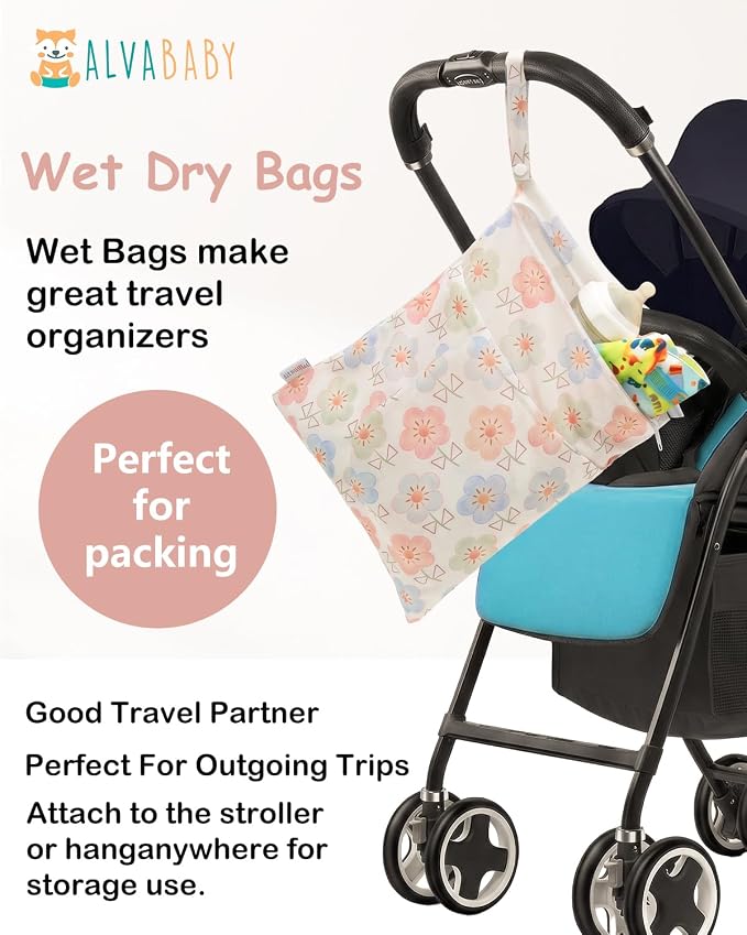 ALVA ALVABABY 3pcs Medium Cloth Diaper Wet Dry Bags Waterproof Reusable with Two Zippered Pockets Travel Beach Pool Daycare Soiled Baby Items Yoga Gym Bag for Swimsuits or Wet Clothes 3L-ZM50A