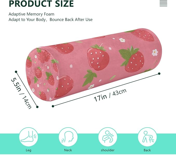 Neck Roll Pillow Bolster Pillows Round Health Memory Foam Long Cervical Cylinder Body Removable Washable Cover Bed Legs Back Yoga Pink Strawberry