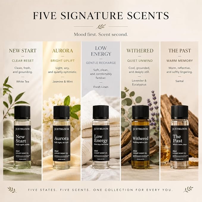 JustBloom Hotel Diffuser Oil Set, 5 Scents, 5 x 20 mL | Five hotel-inspired fragrance oil blends for waterless and cold-air diffusers, designed for home, office and all-season use.