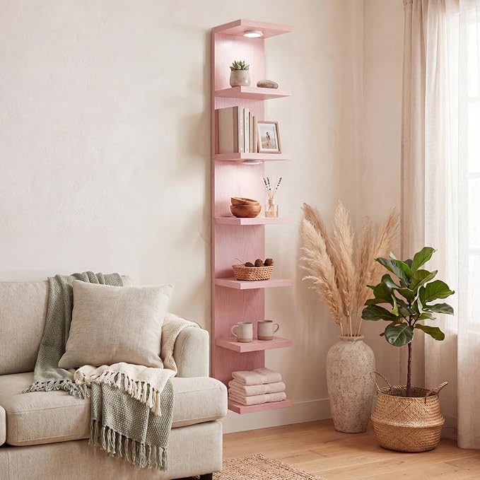 Fixwal 7 Tier Wall Shelf Unit Floating Shelves with LED Lights Lack Wall Shelf for Home Decor Organizer Display Pink