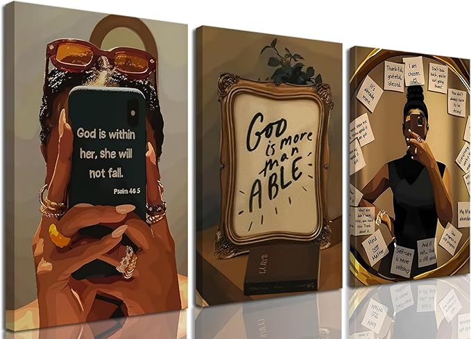 Framed Black Girl Wall Art Set of 3, Fashion Inspirational Black Woman Wall Decor Paintings, African American Positive Affirmations Pictures Canvas Prints for Living Room Bedroom Office 16x24 inch