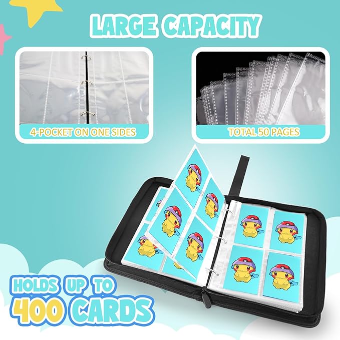 Premium Collectible Trading Card Albums，Card Binder Fits 400 Cards with 50 Removable Sleeves，Display Game Card Case book Holder, Green Themes